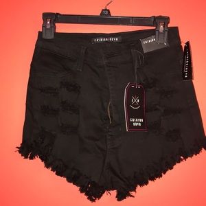 Black, high waisted, distressed shorts